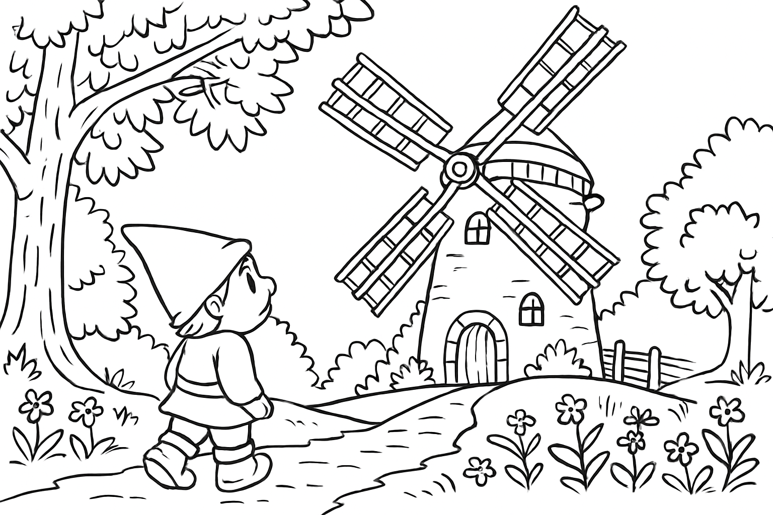 Kleurplaat: Mosje bij de molen