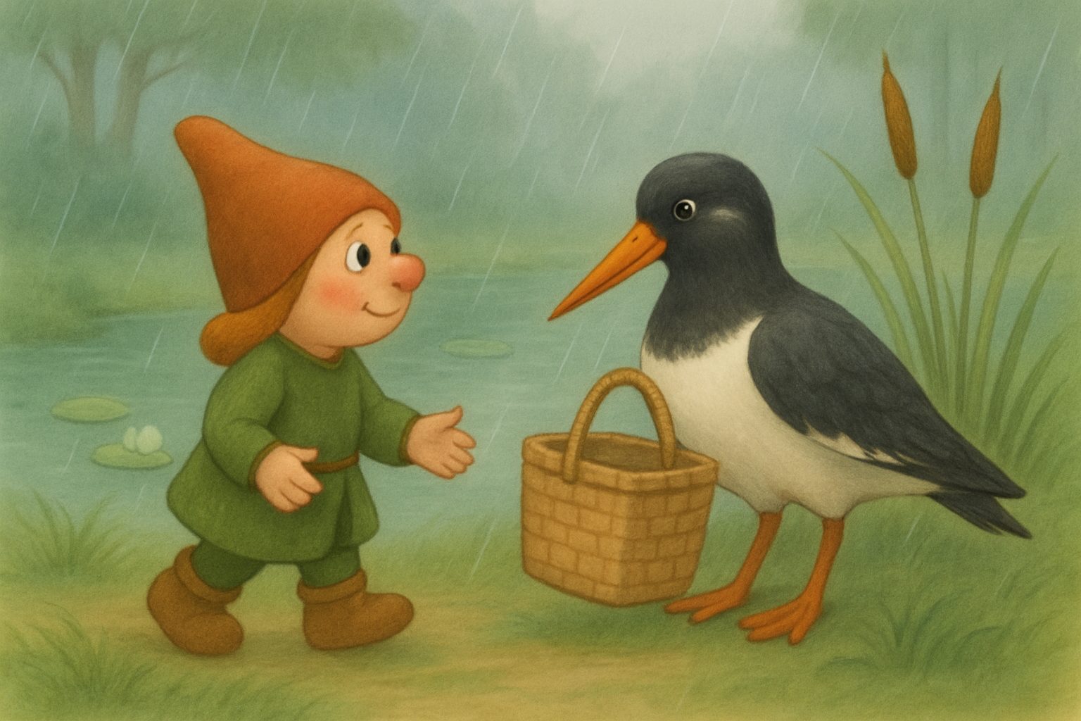 Mosje en mama vogel tillen samen de mand (deel 2 van 3: de middag), tekening 1