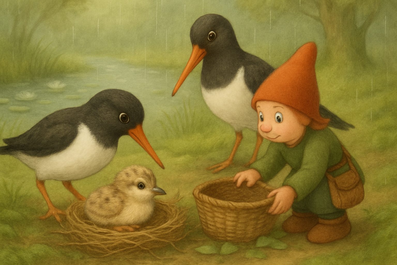 Mosje en mama vogel tillen samen de mand (deel 2 van 3: de middag), tekening 4