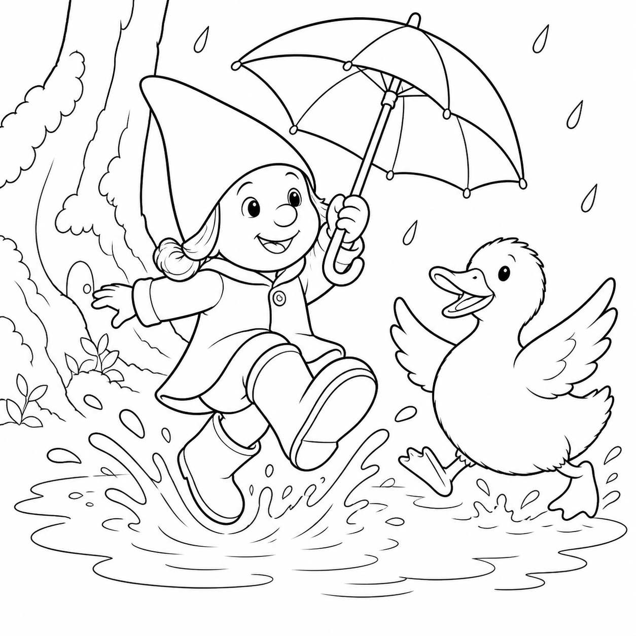 Kleurplaat: Mosje danst in de regen